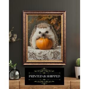 Whimsical Gothic Hedgehog with Pumpkin – Halloween Autumn Animal Wall Art Print